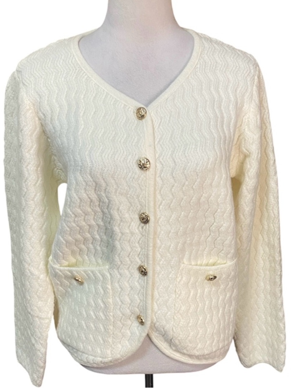 Cream Textured V-Neck Button Front Cardigan Sweater